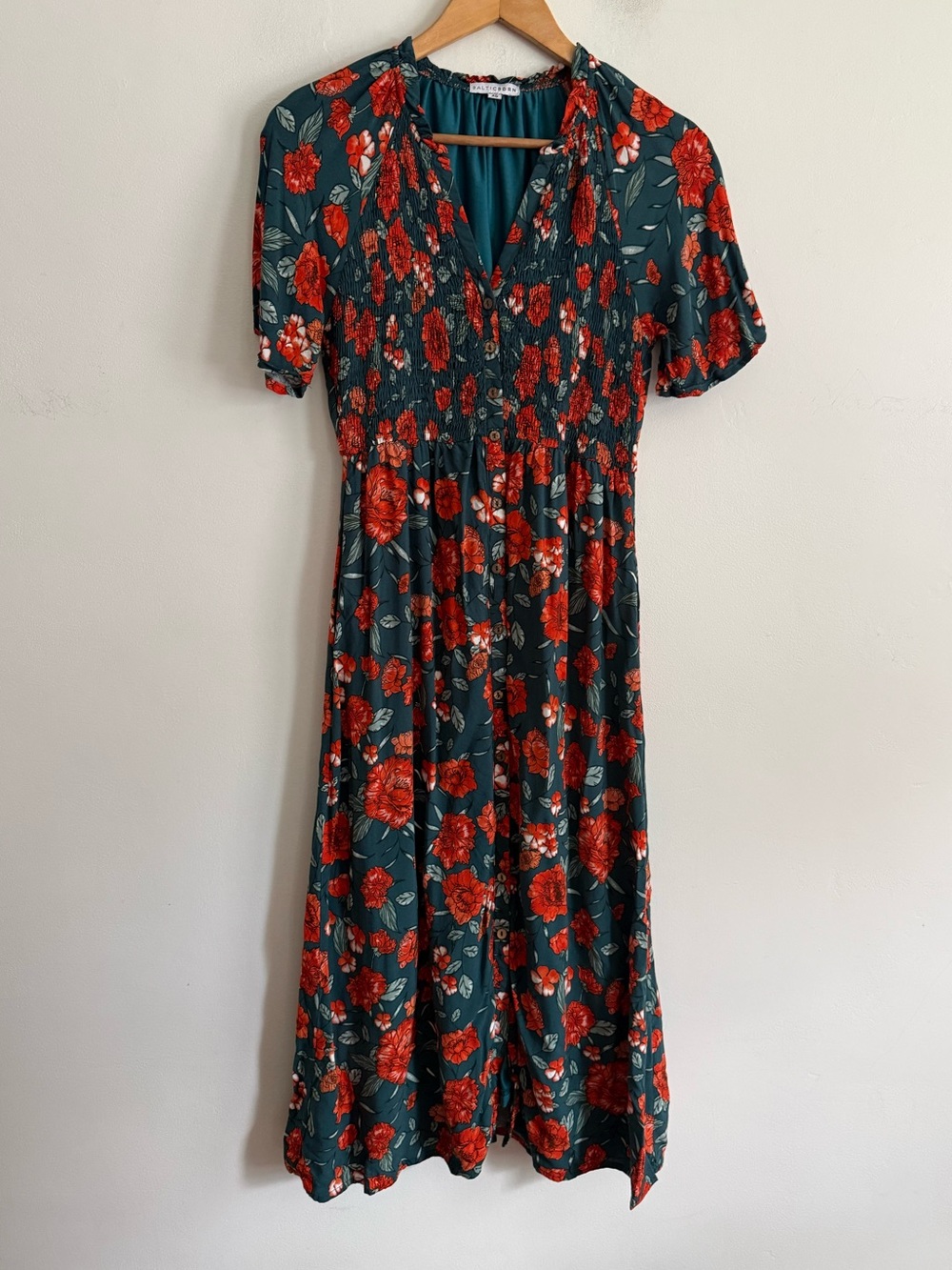 Baltic Born Floral Smocked Button Front Maxi Dress Teal Red Size XS